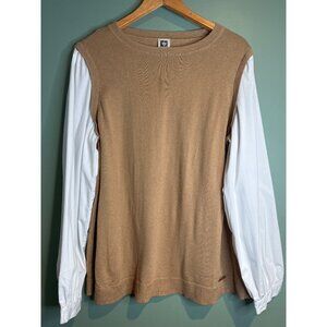 Anne Klein Women’s XL tan Knit Top White Sleeves Preppy Fall Academia Chic